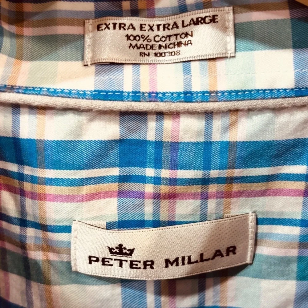 Peter‎ Millar Mens XXL Short Sleeve Button Down Shirt Blue Pink Plaid Cotton